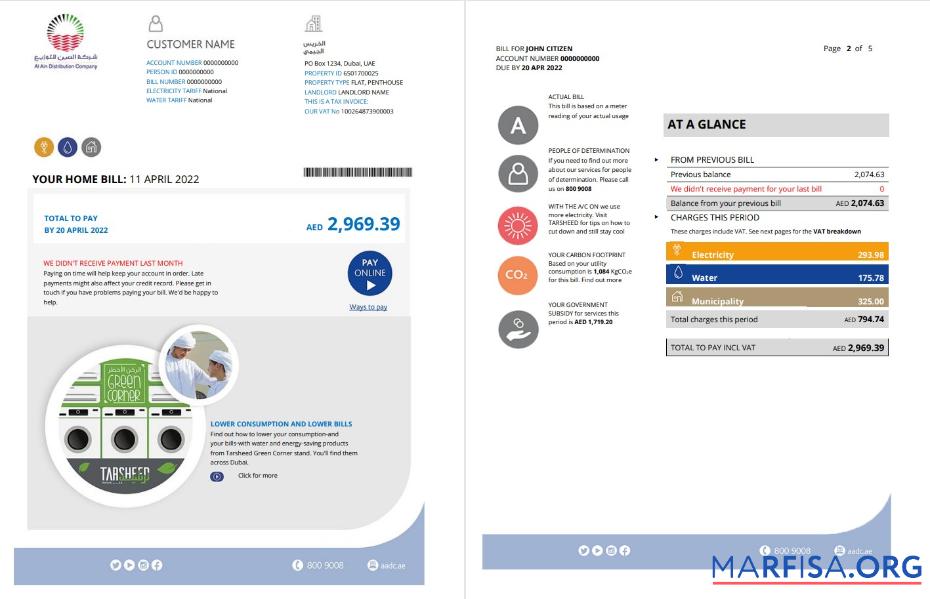 Printable UAE Dubai Al Ain Distribution Co. Word and PDF utility bill template (5 pages) 1 2